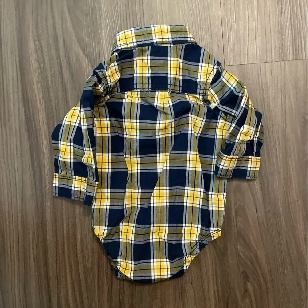 Carter's Navy and Yellow Plaid button down long sleeve Baby Onesie size 3M
